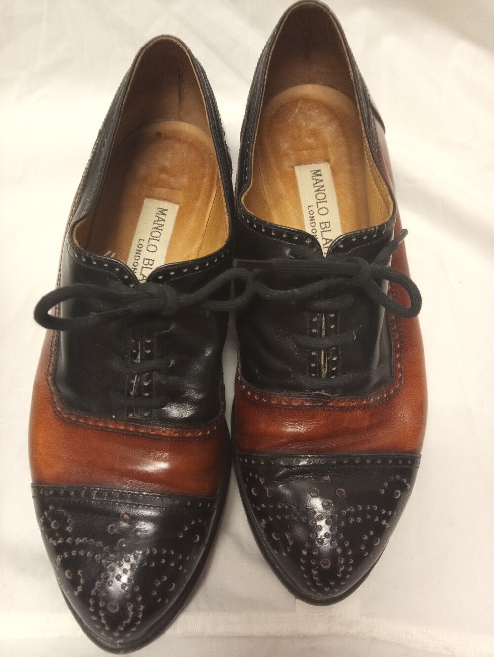 Manolo Blahnik Womens Sz 6.5 Brown and Black Leather Shelltow Cordovan Shoes